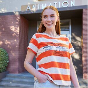 Mickey Mouse Disney Hyperion Studios T-Shirt Womens Size Medium Orange Stripe